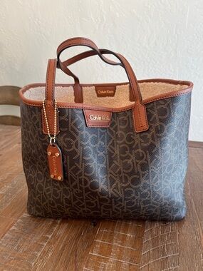 Calvin Klein Dark Brown Monogram Tote with Tan Trim reversible option